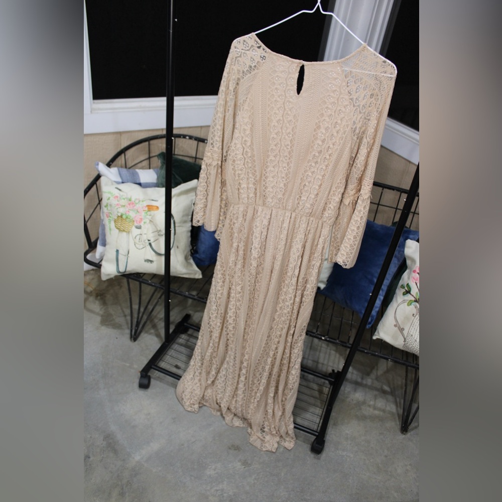 Beige Lace Boho Maxi Dress | Crochet Embroidered Flowy Dress - Picture 3 of 4